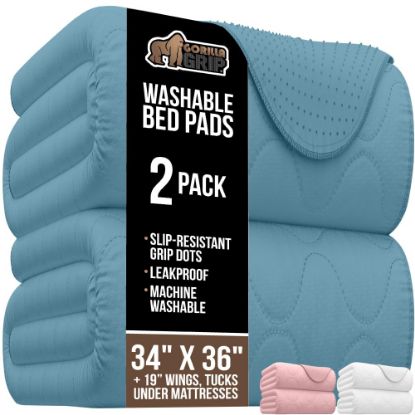 Picture of GORILLA GRIP Washable Toddler Mattress Incontinence Pads, Waterproof Bed Underpads, Absorbent Leak Proof, 34x36+19in Wings, 2 Pack Slip Resistant Pad Absorbs 8 Cups for Bedwetting Adults Kids, Blue