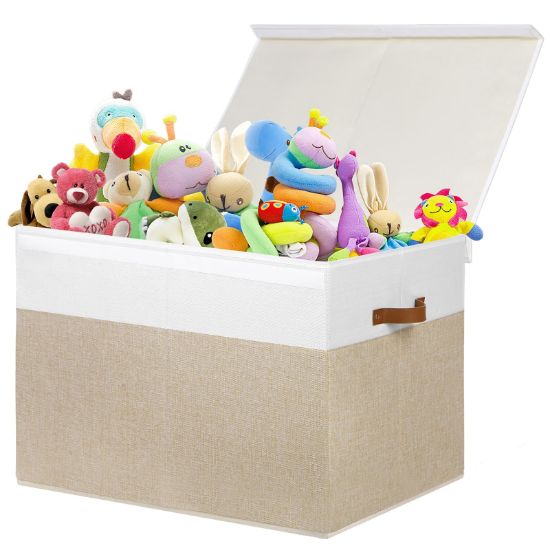 Picture of Large Toy Storage Box with Lid, Sturdy Toys Storage Chest Bin Organizer Basket with Dividers for Kids, Boys, Girls, Nursery, Closet, Bedroom, Playroom 26"x17" x17" (Beige and White)