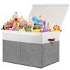Picture of Large Toy Storage Box with Lid, Sturdy Toys Storage Chest Bin Organizer Basket with Dividers for Kids, Boys, Girls, Nursery, Closet, Bedroom, Playroom 26"x17" x17" (Grey and White)