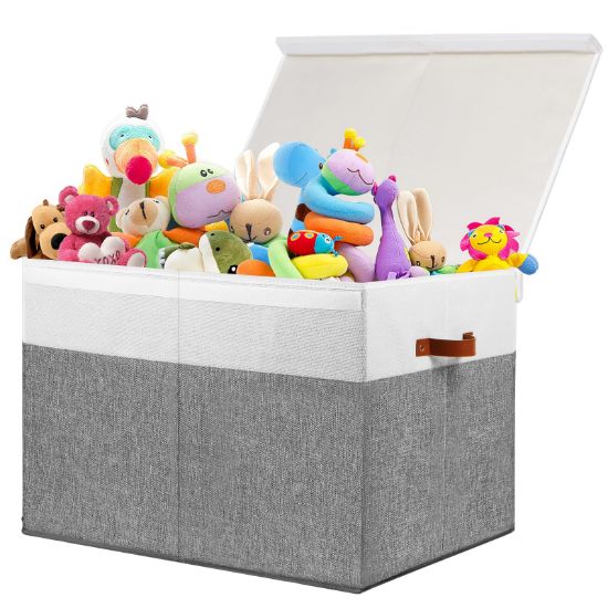 Picture of Large Toy Storage Box with Lid, Sturdy Toys Storage Chest Bin Organizer Basket with Dividers for Kids, Boys, Girls, Nursery, Closet, Bedroom, Playroom 26"x17" x17" (Grey and White)