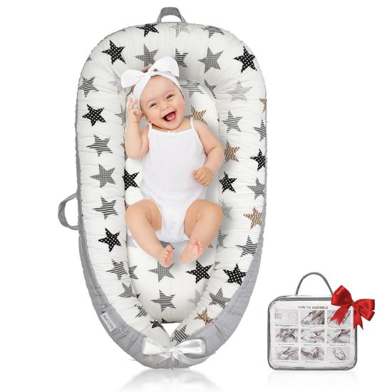 Picture of JOCUTE Baby Lounger for Newborn Cover - Newborn Lounger for 0-12 Months, Breathable & Portable Infant Lounger - Adjustable Cotton Soft Baby Floor Seat for Travel, Newborn Essentials- Star