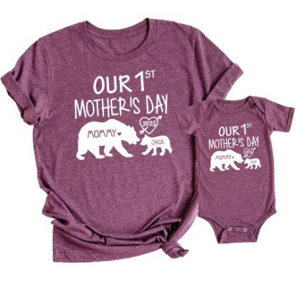 Picture of Our 1st Mother's Day Shirt, Mommy and Me Shirts, Matching First Mother's Day Outfits, Customizable with Names and Date, Baby Bodysuit and Mom Shirt Set, Mother's Day Gift Idea, Pack of 2