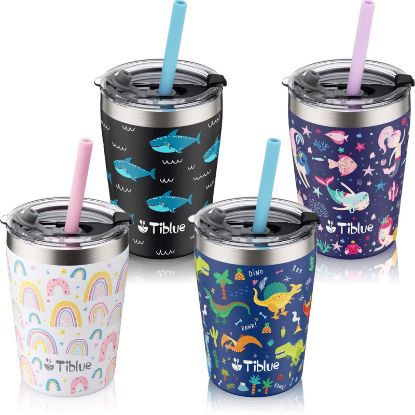 Picture of Tiblue Kids & Toddler Cup - Spill Proof Stainless Steel Water Bottle for Girls Boys Insulated Tumbler with Leak Proof Lid & Silicone Straw with Stopper-BPA FREE Baby Smoothie Cup (4 Pack, 8oz Cartoon)