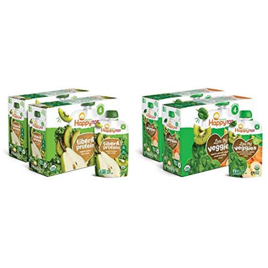Picture of Happy Tot Organic Stage 4 Fiber & Protein, Pears, Kiwi & Kale, 4 Ounce (Pack of 16) & Happy Tot Organic Stage 4 Baby Food Love My Veggies Spinach Apple Sweet Potato & Kiwi, 4.22 Ounce (Pack of 16)