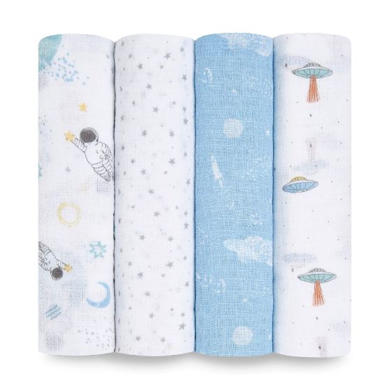 Picture of aden + anais Essentials Swaddle Blanket, Boutique Muslin Blankets for Girls & Boys, Baby Receiving Swaddles, Ideal Newborn & Infant Swaddling Set, Perfect Shower Gifts, 4 Pack, Space Explorers