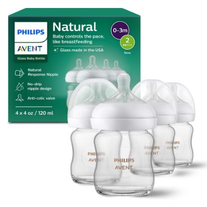 Picture of Philips Avent Natural Glass Baby Bottles with Natural Response Nipples (Slow Flow, Flow 2), 4oz, 4-Pack, SCY910/04