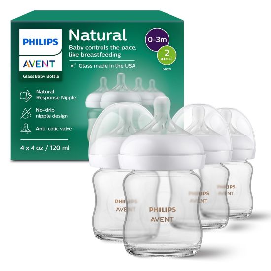 Picture of Philips Avent Natural Glass Baby Bottles with Natural Response Nipples (Slow Flow, Flow 2), 4oz, 4-Pack, SCY910/04