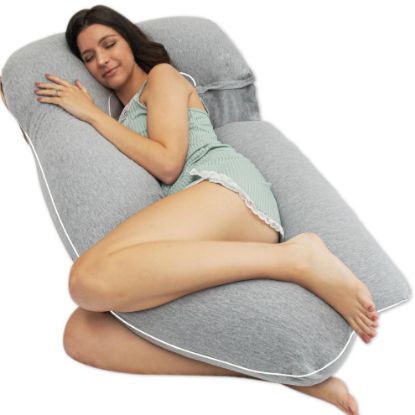 Picture of Pharmedoc Pregnancy Pillows, U-Shape Full Body Pillow -Removable Jersey Cotton Cover -Grey & Piping- Pregnancy Pillows for Sleeping - Body Pillows for Adults, Maternity Pillow and Pregnancy Must Haves