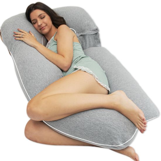 Picture of Pharmedoc Pregnancy Pillows, U-Shape Full Body Pillow -Removable Jersey Cotton Cover -Grey & Piping- Pregnancy Pillows for Sleeping - Body Pillows for Adults, Maternity Pillow and Pregnancy Must Haves