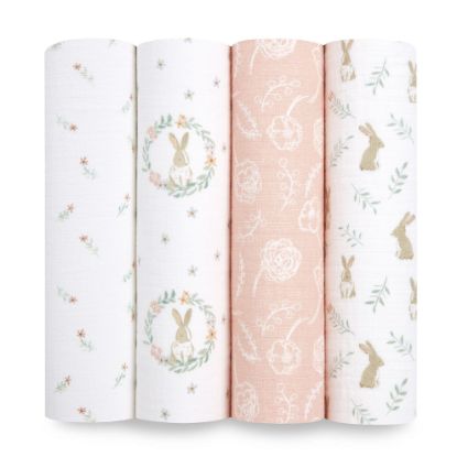 Picture of aden + anais Essentials Muslin Swaddle Blankets for Baby Girls and Boys, Newborn Receiving Blanket for Swaddling, 100% Cotton Baby Swaddle Wrap, 4 Pack, Blushing Bunnies