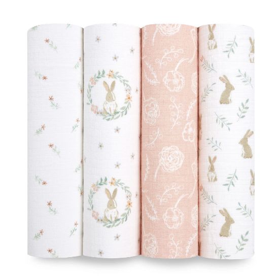 Picture of aden + anais Essentials Muslin Swaddle Blankets for Baby Girls and Boys, Newborn Receiving Blanket for Swaddling, 100% Cotton Baby Swaddle Wrap, 4 Pack, Blushing Bunnies
