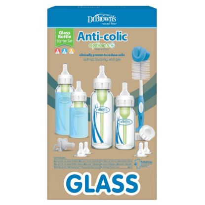 Picture of Dr. Brown's Natural Flow® Anti-Colic Options+™ Narrow Glass Baby Bottle Starter Set with Silicone Sleeves,Brush and Soft 100% Silicone HappyPaci™ Pacifier for Newborns