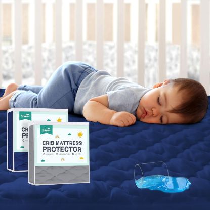 Picture of 2 Pack Crib Mattress Protector Sheets Fitted Waterproof Crib Mattress Pad Cover, Noiseless & Machine Wash 100% Absorbent Crib/Toddler Mattress Protector Sheet Quilted, Gray&Navy, 52" x 28"