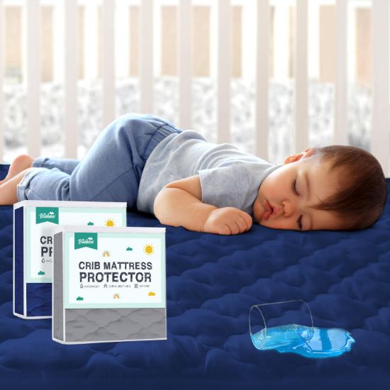 Picture of 2 Pack Crib Mattress Protector Sheets Fitted Waterproof Crib Mattress Pad Cover, Noiseless & Machine Wash 100% Absorbent Crib/Toddler Mattress Protector Sheet Quilted, Gray&Navy, 52" x 28"