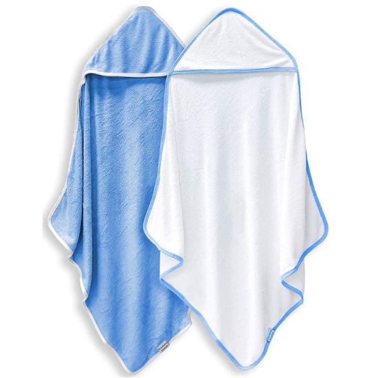 Picture of BAMBOO QUEEN 2 Pack Baby Bath Towel - Rayon Made from Bamboo, Ultra Soft Hooded Towels for Kids - X Large Size for 0-7 Yrs (White and Navy Blue, 37.5 x 37.5 Inch)