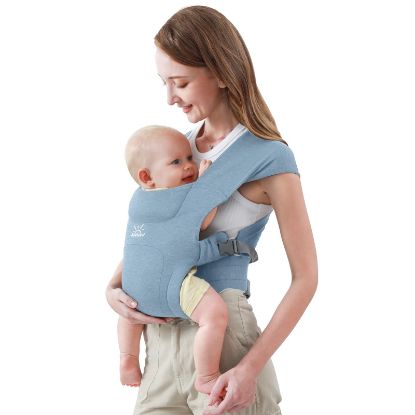 Picture of Baby Carrier with Head Support, MOMTORY Newborn Carrier(7-25lbs), Cozy Baby Wrap Carrier, with Hook&Loop for Easily Adjustable, Soft Fabric, Deep Grey (Light Blue)