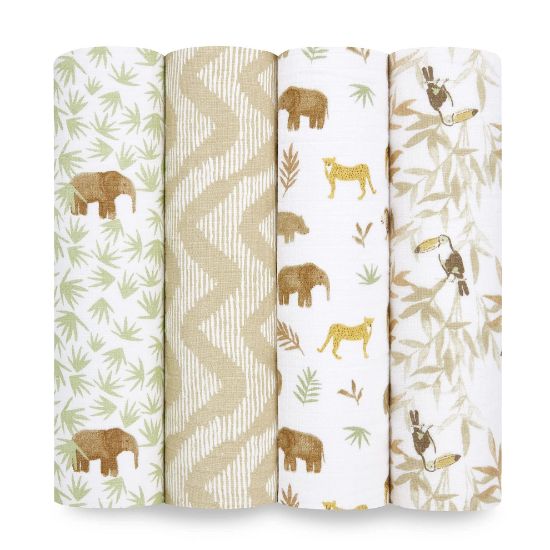Picture of aden + anais Essentials Muslin Swaddle Blankets for Baby Girls and Boys, Newborn Receiving Blanket for Swaddling, 100% Cotton Baby Swaddle Wrap, 4 Pack, Tanzania