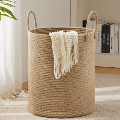 Picture of Jute Rope Woven Laundry Hamper Basket by YOUDENOVA, 72L Tall Luandry Basket, Baby Nursery Hamper for Blanket Storage in Bedroom-Large-Jute