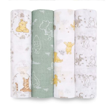 Picture of aden + anais Essentials Disney Muslin Swaddle Blankets for Baby Girls and Boys, Newborn Receiving Blanket for Swaddling, 100% Cotton Baby Swaddle Wrap, 4 Pack, Winnie + Friends