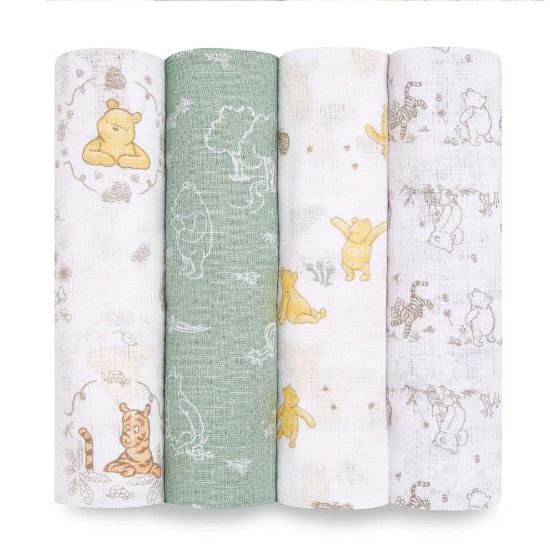 Picture of aden + anais Essentials Disney Muslin Swaddle Blankets for Baby Girls and Boys, Newborn Receiving Blanket for Swaddling, 100% Cotton Baby Swaddle Wrap, 4 Pack, Winnie + Friends