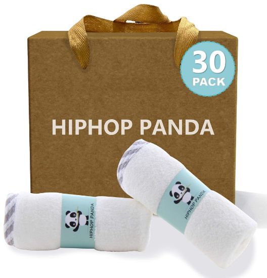 Picture of HIPHOP PANDA Baby Washcloths, Rayon Made from Bamboo - 2 Layer Ultra Soft Absorbent Newborn Bath Face Towel - Reusable Baby Wipes for Delicate Skin - Gray Stripe, 30 Pack