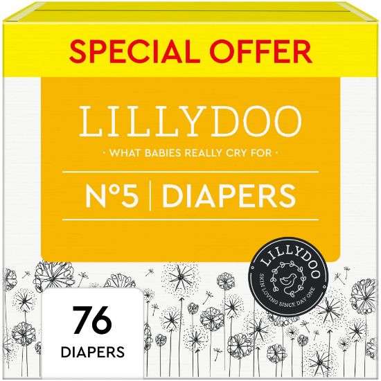 Picture of LILLYDOO Diapers - Size 5 (24-35 lbs), Half-Monthly Supply (72 Count), Skin-Friendly, Ultrasoft, Chlorine-Free & Absorbent Baby Diapers