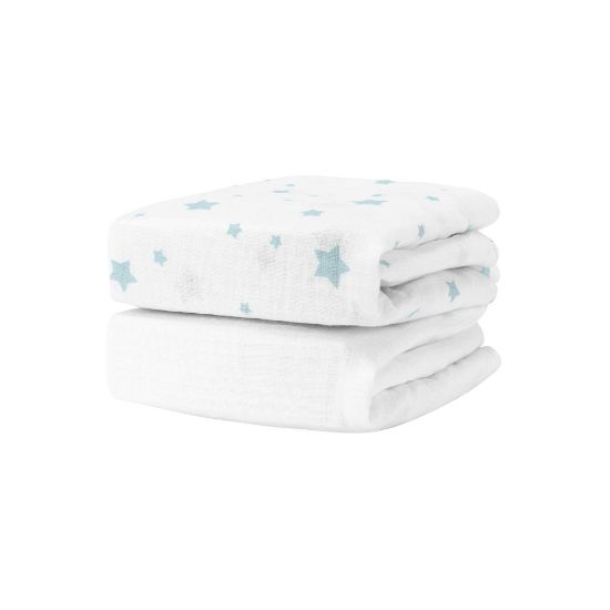 Picture of Newton Baby Organic Fitted Crib Sheets (2-Pack) - Ultra Breathable and Soft, 100% Organic Muslin Cotton, Stardust in Moonstone Mist & Solid White, Fits Standard Cribs