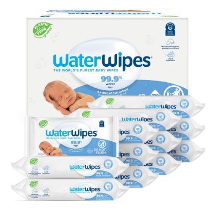 Picture of WaterWipes Plastic-Free Original Baby Wipes, 99.9% Water Based Wipes, Unscented & Hypoallergenic for Sensitive Skin, 60 Count (Pack of 12), Packaging May Vary
