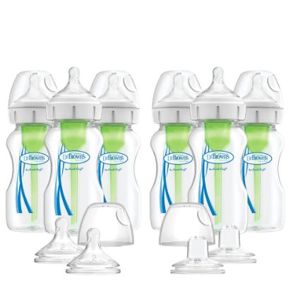 Picture of Dr. Brown’s Natural Flow® Anti-Colic Options+™ Wide Baby Bottles, 9 oz/270ml, with Level 1 Slow Flow Nipple, 6 Pack Plus 2 Bonus Level 2 Nipples and 2 Sippy Spouts