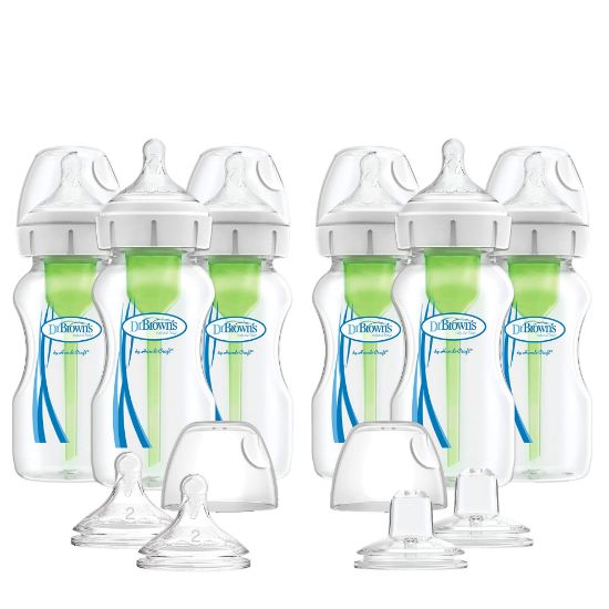 Picture of Dr. Brown’s Natural Flow® Anti-Colic Options+™ Wide Baby Bottles, 9 oz/270ml, with Level 1 Slow Flow Nipple, 6 Pack Plus 2 Bonus Level 2 Nipples and 2 Sippy Spouts