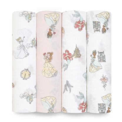 Picture of aden + anais Essentials Muslin Swaddle Blankets, Newborn Receiving Blanket for Swaddling, 100% Cotton Baby Swaddle Wrap, 4 Pack, Disney Princess
