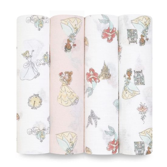 Picture of aden + anais Essentials Muslin Swaddle Blankets, Newborn Receiving Blanket for Swaddling, 100% Cotton Baby Swaddle Wrap, 4 Pack, Disney Princess