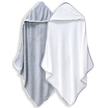 Picture of BAMBOO QUEEN 2 Pack Baby Bath Towel - Rayon Made from Bamboo - Ultra Soft Hooded Towels for Babies,Toddler,Infant - Newborn Essential -Perfect Baby Registry Gifts, 37.5x37.5 in - Grey and White