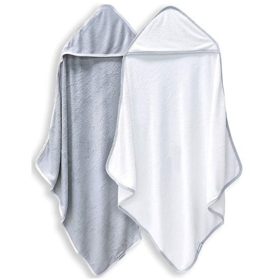 Picture of BAMBOO QUEEN 2 Pack Baby Bath Towel - Rayon Made from Bamboo - Ultra Soft Hooded Towels for Babies,Toddler,Infant - Newborn Essential -Perfect Baby Registry Gifts, 37.5x37.5 in - Grey and White