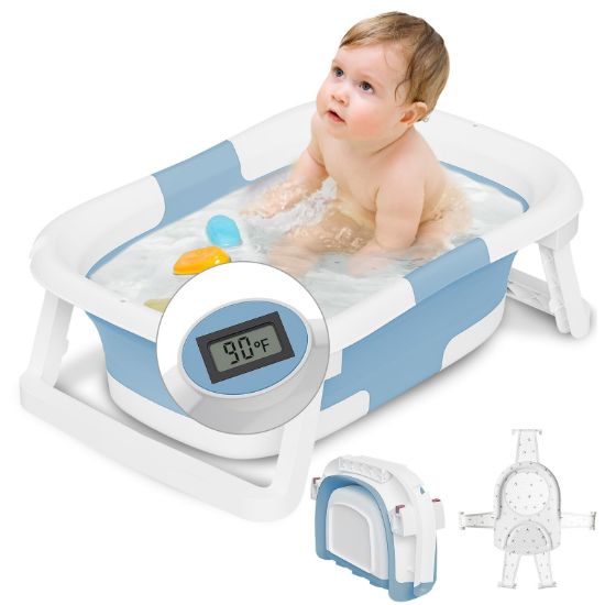 Picture of napei Collapsible Baby Bathtub,Baby Bath Tub with Soft Cushion & Thermometer,Baby Bathtub Newborn to Toddler 0-36 Months,Portable Travel Baby Tub