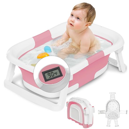 Picture of napei Collapsible Baby Bathtub,Baby Bath Tub with Soft Cushion & Thermometer,Baby Bathtub Newborn to Toddler 0-36 Months,Portable Travel Baby Tub