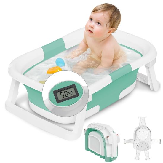Picture of napei Collapsible Baby Bathtub,Baby Bath Tub with Soft Cushion & Thermometer,Baby Bathtub Newborn to Toddler 0-36 Months,Portable Travel Baby Tub