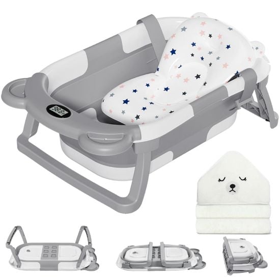 Picture of MoreFeel Collapsible Baby Bathtub for Newborn with Thermometer & 1 Hooded Towel & 1 Soft Floating Cushion,Portable Travel Bathtub with Drain Hole, Durable Foldable Baby Tubs for Infants to Toddler