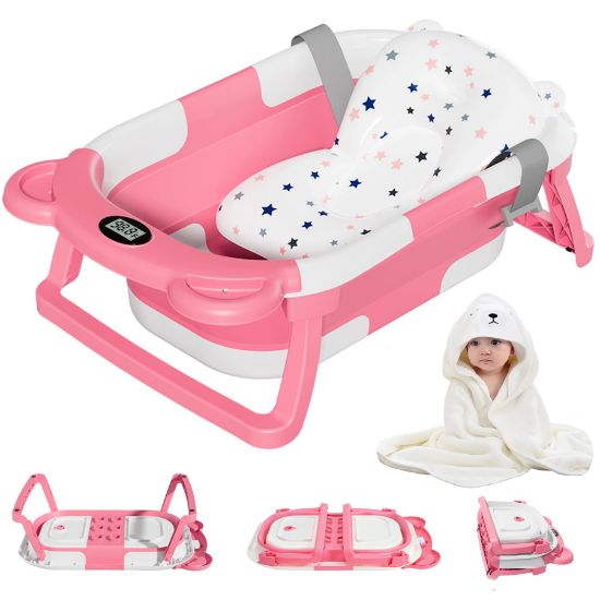 Picture of MoreFeel Collapsible Baby Bathtub for Newborn with Thermometer & 1 Hooded Towel & 1 Soft Floating Cushion,Portable Travel Bathtub with Drain Hole, Durable Foldable Baby Tubs for Infants to Toddler