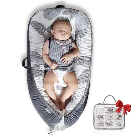 Picture of JOCUTE Baby Lounger, Cotton Breathable Baby Lounger Pillow Cover,Infant Lounger for Travel, Grey Protable Cosleeper, Ultra Newborn Gifts, Baby Bed in Room, Baby Snuggle Lounger Me