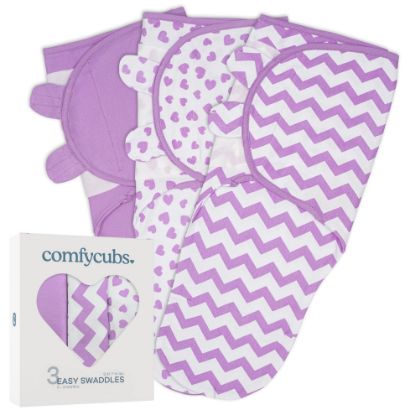 Picture of Comfy Cubs Easy Swaddle Blanket, 3 Pack - 100% Cotton Newborn Wrap, Small for 0-3 Months Infants, with Adjustable Velcro, Breathable and Durable Sleep Sack for Babies - Purple