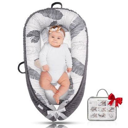 Picture of JOCUTE Baby Lounger - Baby Lounger for Newborn 0-24 Months, Ultra Newborn Babies Essentials Gifts, Baby Snuggle Nest Me Baby Lounger, Lightweight Infant Baby Lounger Cover (Grey Leaves)