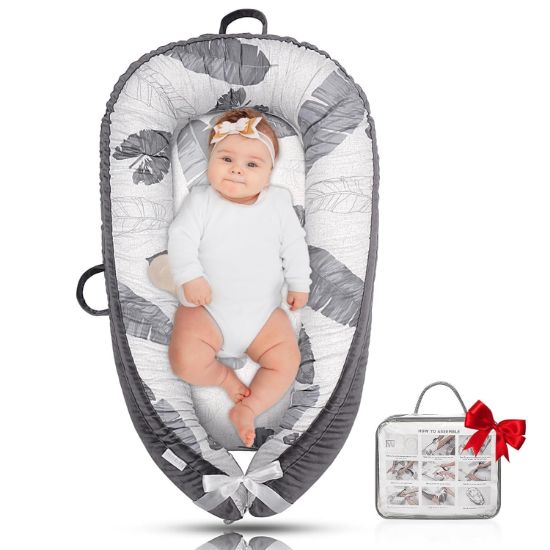 Picture of JOCUTE Baby Lounger - Baby Lounger for Newborn 0-24 Months, Ultra Newborn Babies Essentials Gifts, Baby Snuggle Nest Me Baby Lounger, Lightweight Infant Baby Lounger Cover (Grey Leaves)