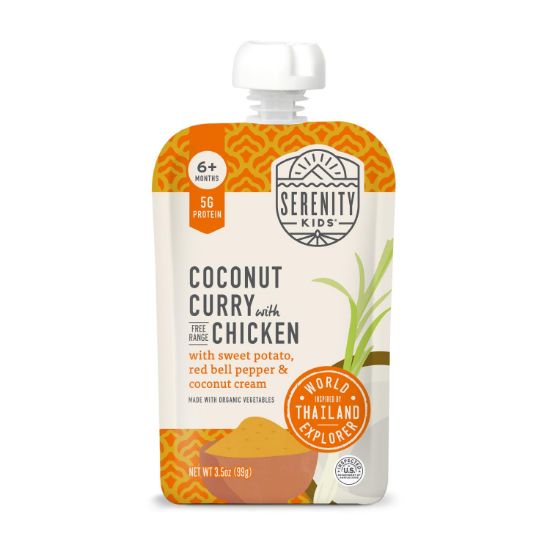 Picture of Serenity Kids 6+ Months World Explorers Baby Food Pouch Puree Made with Ethically Sourced Meats & Organic Veggies - 3.5 Ounce BPA-Free Pouch - Chicken Coconut Curry - 12 Count Organic Baby Food