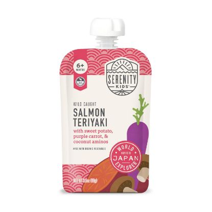 Picture of Serenity Kids 6+ Months World Explorers Baby Food Pouches Puree Made with Ethically Sourced Meats & Organic Veggies - 3.5 Ounce BPA-Free Pouch - Salmon Teriyaki - 12 Count - Salmon for Baby Puree