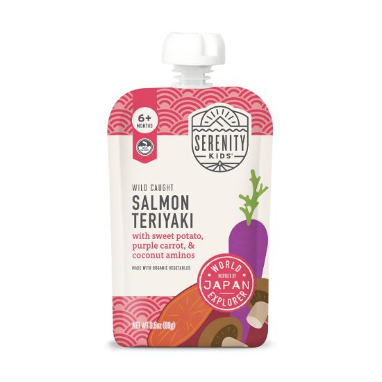 Picture of Serenity Kids 6+ Months World Explorers Baby Food Pouches Puree Made with Ethically Sourced Meats & Organic Veggies - 3.5 Ounce BPA-Free Pouch - Salmon Teriyaki - 12 Count - Salmon for Baby Puree