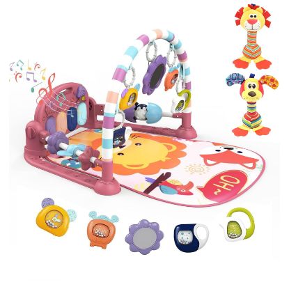 Picture of dearlomum Baby Play Mat Baby Gym,Funny Play Piano Tummy Time Baby Activity Gym Mat with 5 Infant Sensory Baby Toys and 2 Baby Soft Rattles, Boy & Girl Gifts for Newborn 0 to 3 6 9 12 Months(Pink)