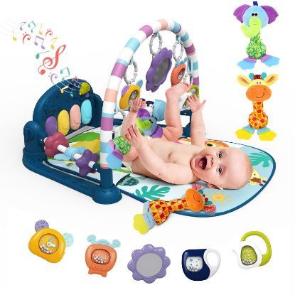 Picture of dearlomum Baby Play Mat Baby Gym,Funny Play Piano Tummy Time Baby Activity Gym Mat with 5 Infant Sensory Baby Toys and 2 Baby Soft Rattles, Boy & Girl Gifts for Newborn 0 to 3 6 9 12 Months(Blue)