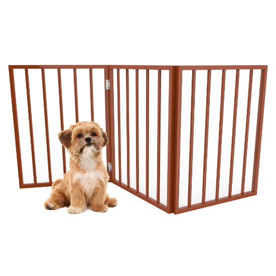 Picture of Pet Gate - 3-Panel Indoor Foldable Dog Fence for Stairs or Doorways - 54x24-Inch Retractable Wood Freestanding Dog Gates by PETMAKER (Mahogany)