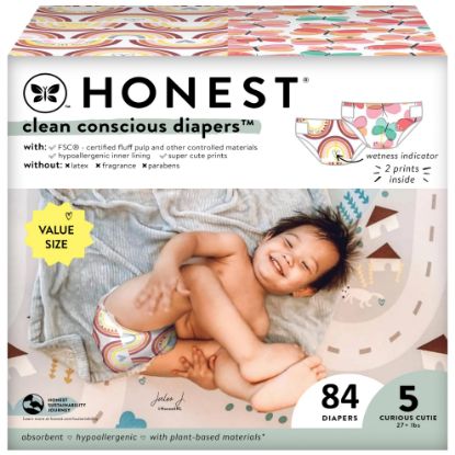 Picture of The Honest Company Clean Conscious Diapers for Sensitive Skin | Hypoallergenic, Fragrance Free | Girl Prints | Super Club Box, Size 5 (27+ lbs), 84 Count